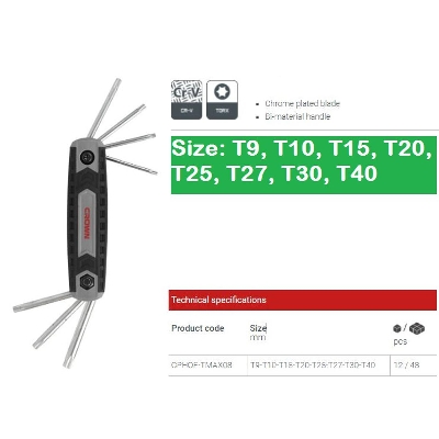 Picture of CROWN 8Pcs Foldable Torx Key Set ( T9, T10, T15, T20, T25, T27, T30, T40 ) CPHOF-TMAX08 - Kings Trading
