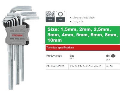 Picture of CROWN 9Pcs Long Hex key Set ( 1,5mm, 2mm, 2,5mm, 3mm, 4mm, 5mm, 6mm, 8mm, 10mm ) CPHOK-HMBX09 - Kings Trading