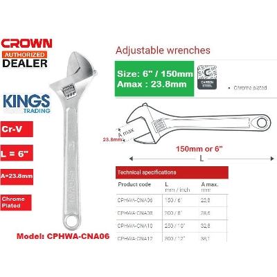 Picture of CROWN 6" / 8" / 10" / 12" Adjustable Wrench Carbon Steel Industrial Quality - Kings Trading