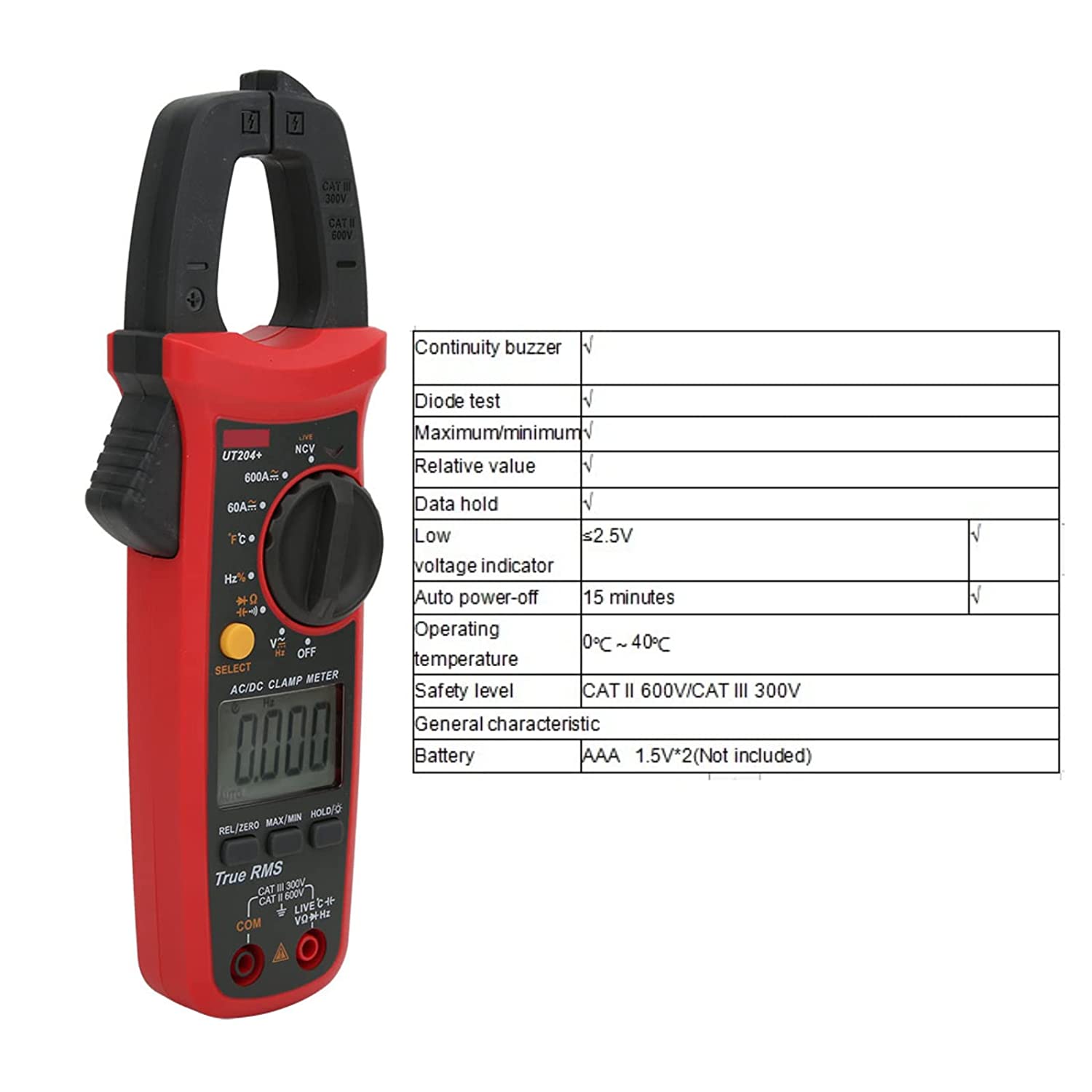 Picture of UNI-T UT204+ Digital Clamp Meter AC/DC Current Tester (600A) True RMS Auto Range Temperature Measurement High Precision Multimeter