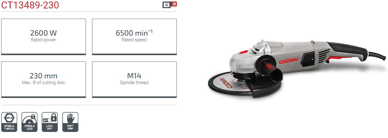 Picture of CROWN 9" Angle Grinder 2600W, 230mm (9"), 6500rpm Model: CT13489-230 - Kings Trading