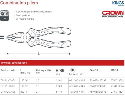 Picture of CROWN 7" Combination Pliers 160mm Cr-V Soft Grip CPHPL-COA07 - Kings Trading