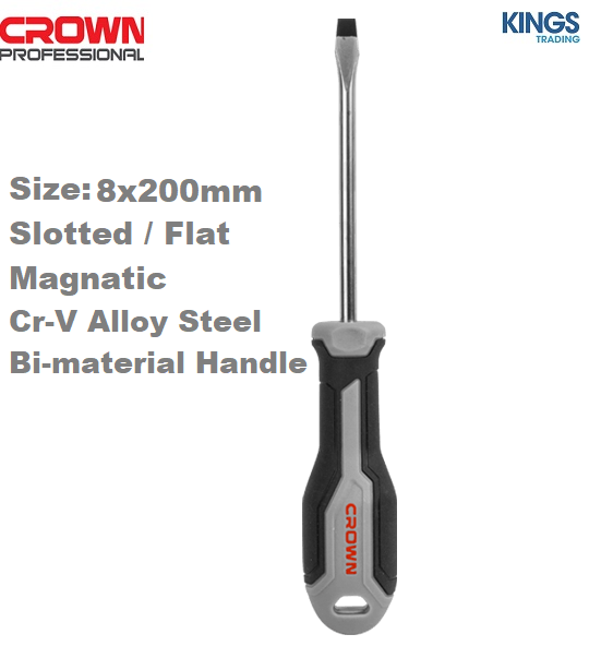 Picture of CROWN 8X200mm Slotted Flat Screwdriver Bi-material handle CPHDS-AS0820 - Kings Trading