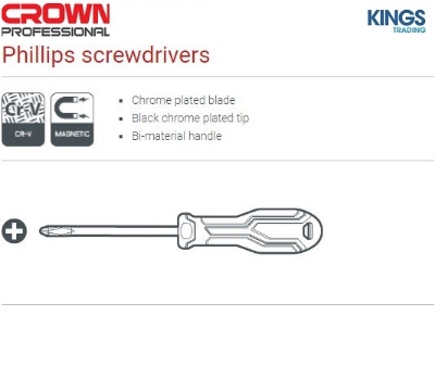 Picture of CROWN Phillips Star Screwdriver PH2X100mm Cr-V Bi-material handle CPHDS-APH210 - Kings Trading