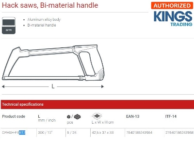 Picture of CROWN 12" Hacksaw frame with saw Bi-material handle 300mm 24TPI Aluminum alloy body CPHSH-FXB12 - Kings Trading