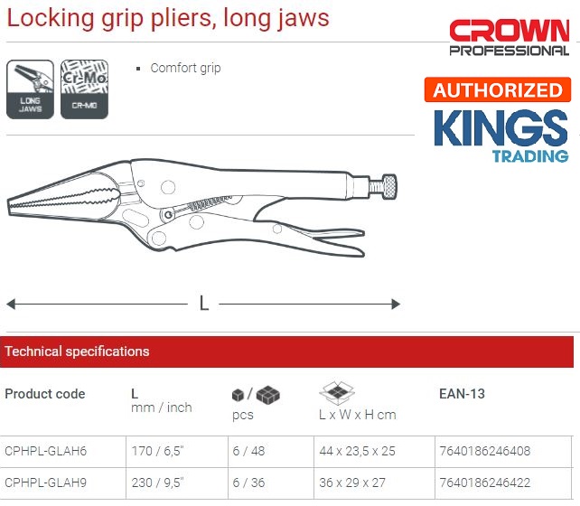 Picture of CROWN 9.5" Locking Grip Pliers, long Straight Jaws 230mm CPHPL-GLAH9 - Kings Trading