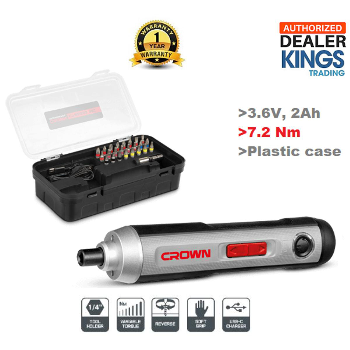 Picture of CROWN Cordless Screwdriver 3.6V (Li-on 2Ah), 6,6-7,2 Nm, with 25Pcs Screwdriver bit Accessories Plastic case pack Model: CT22033 - Kings Trading