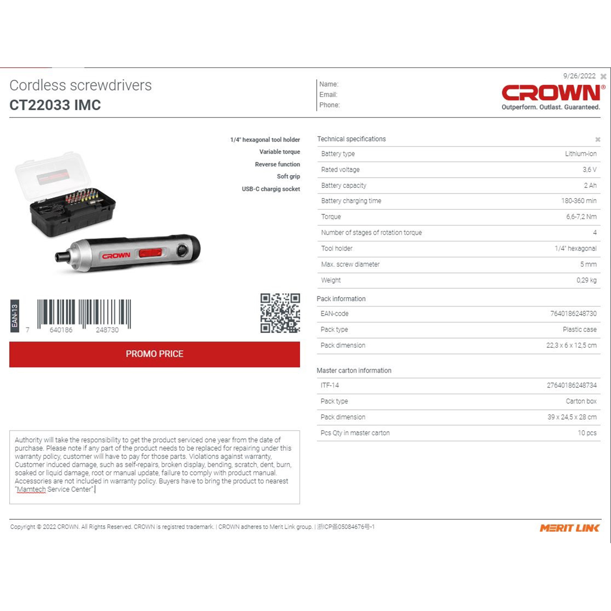 Picture of CROWN Cordless Screwdriver 3.6V (Li-on 2Ah), 6,6-7,2 Nm, with 25Pcs Screwdriver bit Accessories Plastic case pack Model: CT22033 - Kings Trading