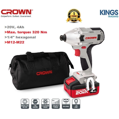 Picture of CROWN 20V Cordless impact screwdriver 20V (Lithium-ion, 4Ah), 1/4" hexagonal, Max. torque 320 Nm, with battery and charger Model: CT22021HX-4C2 TB - Kings Trading