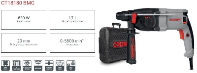 Picture of Crown Rotary Hammer SDS-Plus 600W, Drilling output: 20 mm, impact power: 1.7J, Impact rate: 0-5800 per min, with 3 pcs drill bits, Model: CT18180