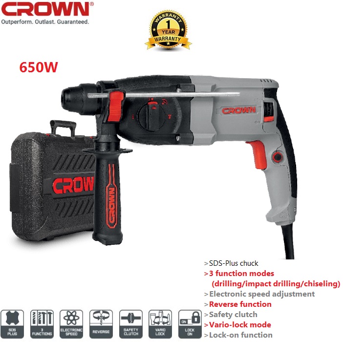 Picture of Crown Rotary Hammer SDS-Plus 600W, Drilling output: 20 mm, impact power: 1.7J, Impact rate: 0-5800 per min, with 3 pcs drill bits, Model: CT18180