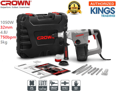 Picture of CROWN Rotary Hammer SDS-Plus 1050W, Drilling output: 32 mm, impact power: 4.8J, Impact rate: 2800 per min, with 3 Pcs Drill bits and 2 Pcs chisel, Model: CT18116 - Kings Trading