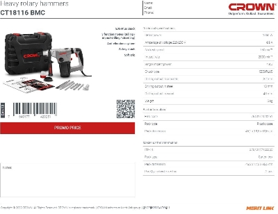 Picture of CROWN Rotary Hammer SDS-Plus 1050W, Drilling output: 32 mm, impact power: 4.8J, Impact rate: 2800 per min, with 3 Pcs Drill bits and 2 Pcs chisel, Model: CT18116 - Kings Trading