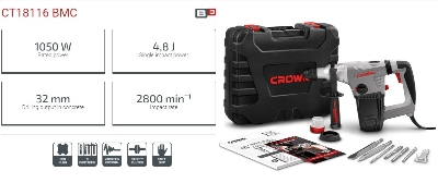 Picture of CROWN Rotary Hammer SDS-Plus 1050W, Drilling output: 32 mm, impact power: 4.8J, Impact rate: 2800 per min, with 3 Pcs Drill bits and 2 Pcs chisel, Model: CT18116 - Kings Trading