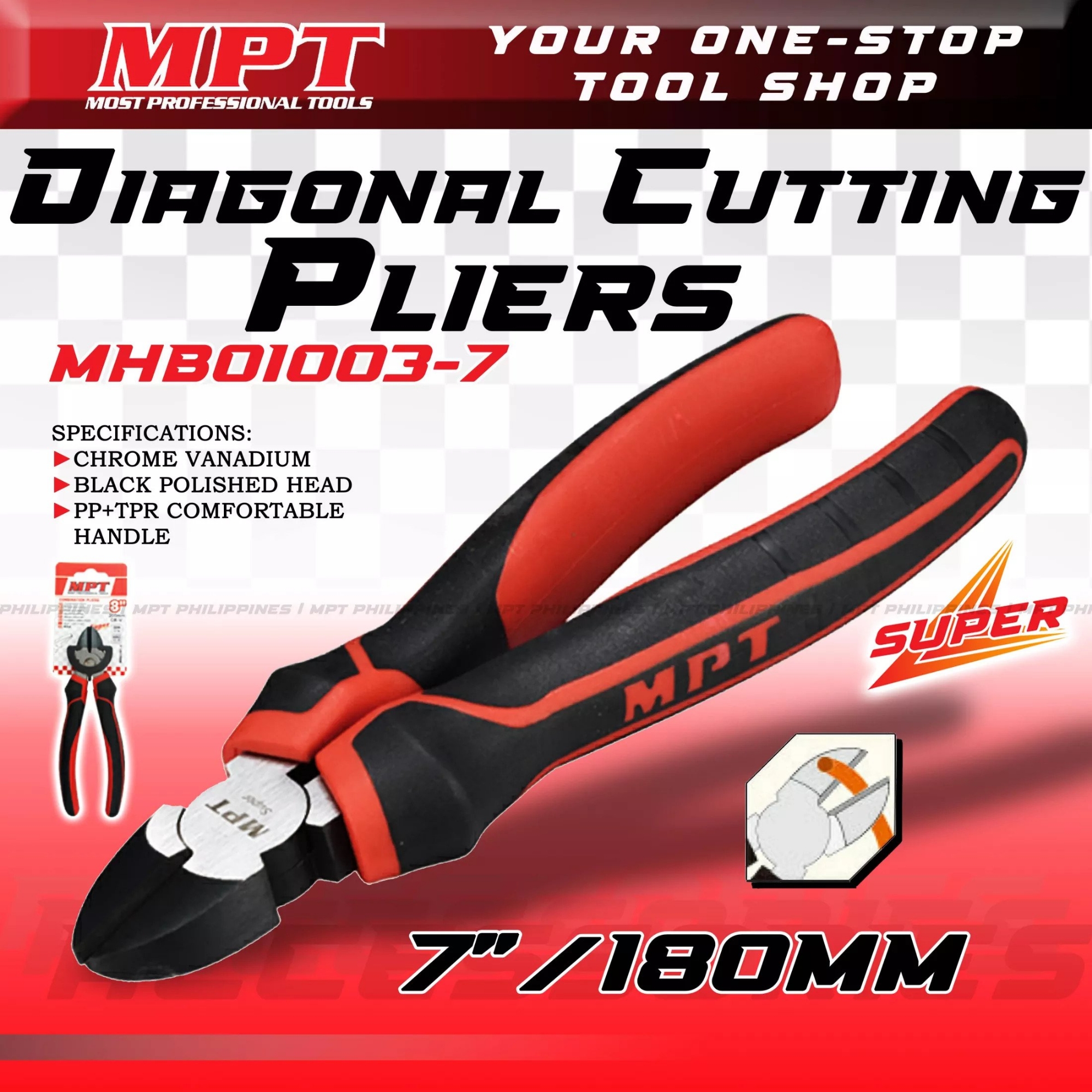 Picture of MPT 7" Diagonal Cutting Pliers 180mm Cr-V, black finish,  Model: MHB01003-7