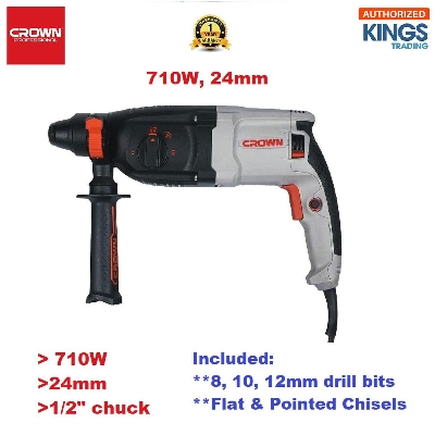 Picture of Crown Rotary Hammer SDS-Plus 710W, Drilling output: 24 mm with 3 pcs drill bits, Flat & Pointed Chisels, Model: CT18181