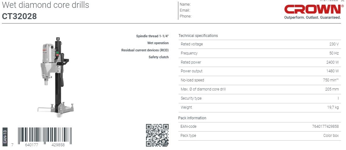 Picture of Crown Diamond Core Drill 2400w, Max: 205mm, Speed :750 rpm CT32028
