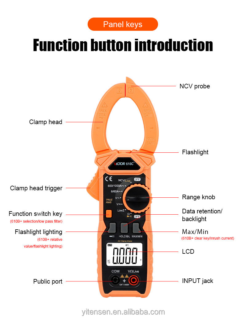 Picture of VICTOR 610C+ AC 1000A 750V Digital Clamp Meter DC 1000V  5999 counts VFC True RMS NCV Live Flashlight clam multimeter