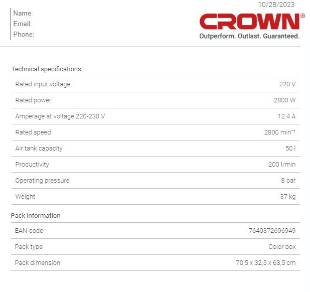 Picture of Crown 50L Oil-Free Air Compressor, Silence Air Compressor for Dental Doctor Capacity: 50L, Power : 2800W, Model: CT36094 - Kings Trading