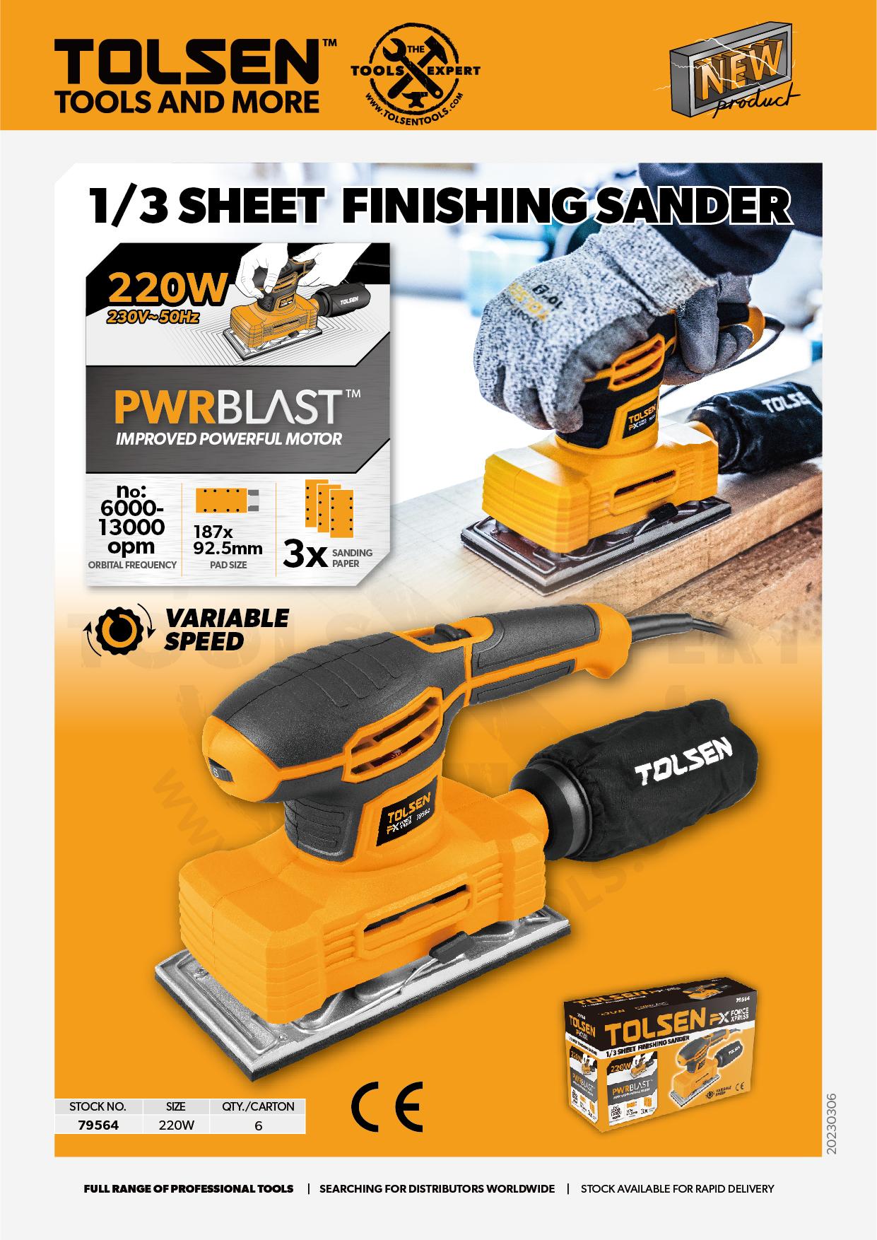 Picture of TOLSEN 1/3" Sheet Finishing Sander  220W with 3 Free Sanding Pad FX Series Industrial Model: 79564