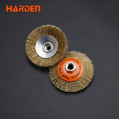 Picture of Harden 4" Copper Brush Criped Wire Bevel Brush Disc type wire wheel grinding and rust removal brush angle grinder special basin type steel wire brush 611505