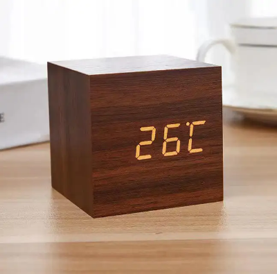 Picture of LED Wooden Digital Sound Control Brightness Adjustable Alarm Clock for Bedroom, Office, Desk