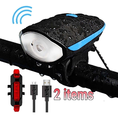Picture of 2 in1 USB Bicycle Light Set, Rechargeable LED Bike Front Light with Horn and Rear Back Tail Light Super Power Waterproof Safety Cycling Light Bicycle Accessories