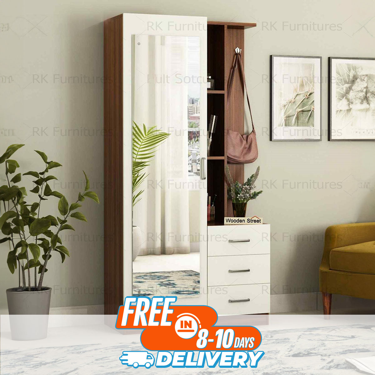 Picture of RK Melamine Laminated Board Dressing Table With Shelves Drawers ShanTeak-White Finish