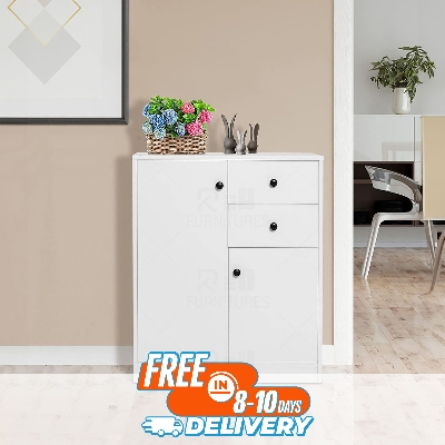Picture of RK Kitchen Sideboard with 2 Doors and 2 Drawers, Storage Cabinet, Modern Cupboard for Kitchen, Living Room, Dining Room, 76 x 61 x 31 cm, White.