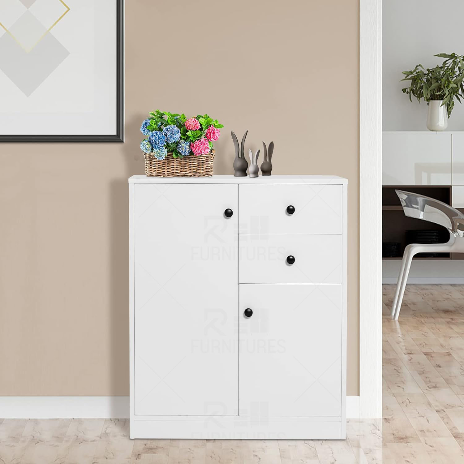 Picture of RK Kitchen Sideboard with 2 Doors and 2 Drawers, Storage Cabinet, Modern Cupboard for Kitchen, Living Room, Dining Room, 76 x 61 x 31 cm, White.