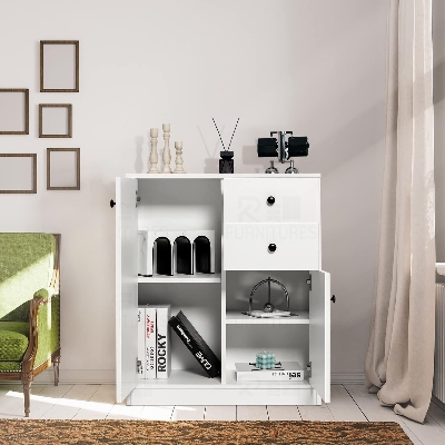 Picture of RK Kitchen Sideboard with 2 Doors and 2 Drawers, Storage Cabinet, Modern Cupboard for Kitchen, Living Room, Dining Room, 76 x 61 x 31 cm, White.