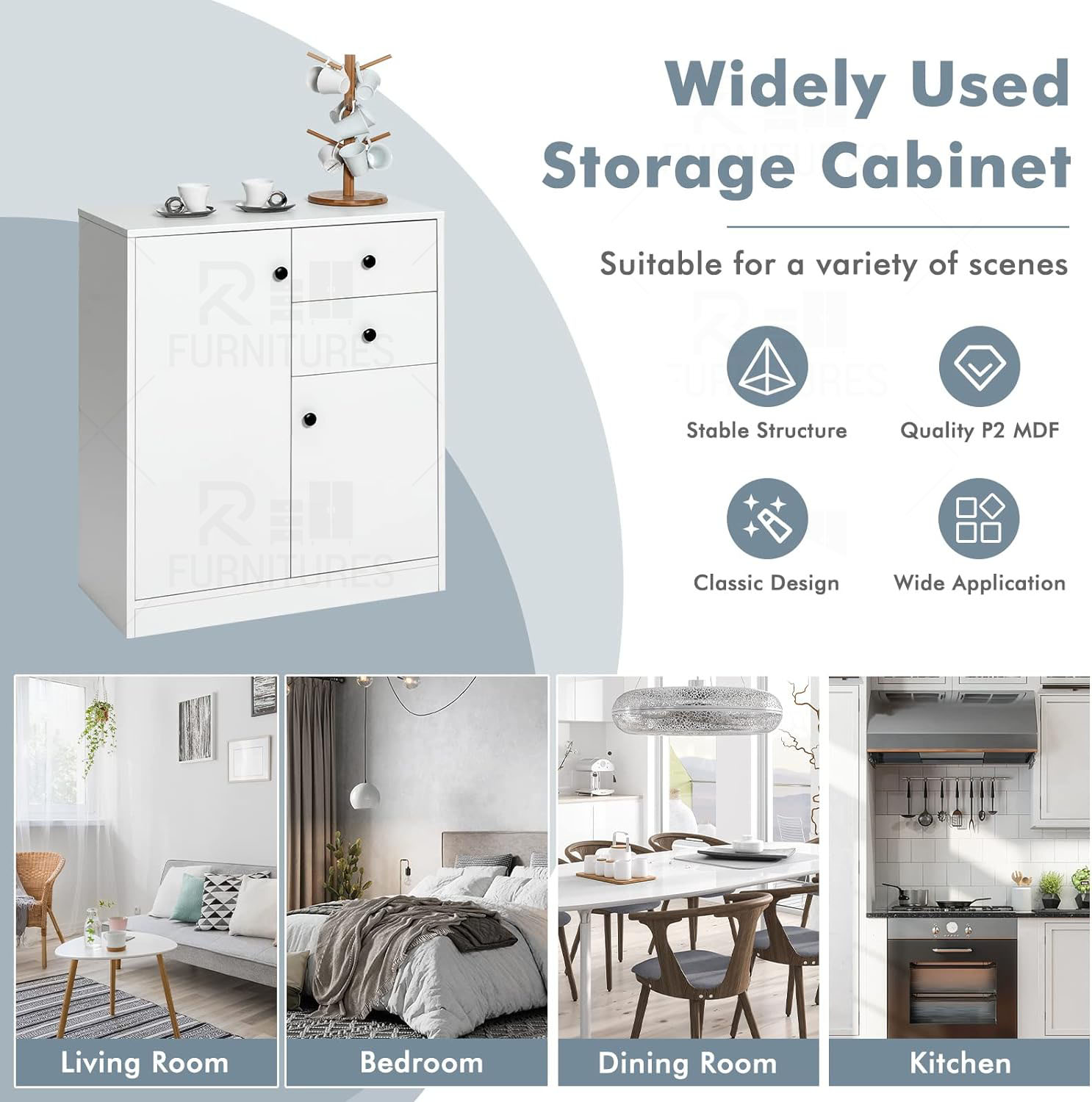 Picture of RK Kitchen Sideboard with 2 Doors and 2 Drawers, Storage Cabinet, Modern Cupboard for Kitchen, Living Room, Dining Room, 76 x 61 x 31 cm, White.