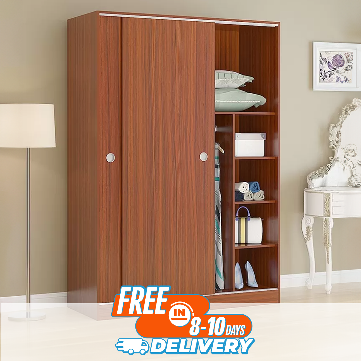 Picture of RK Engineered Wood Wardrobe With 2 Sliding Doors With Mirror & Shelves For Bedroom