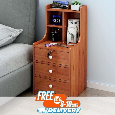 Picture of RK MDF M11 3 Drawer Exclusive Bed Side Table With Drawers Shan Teak, White and Beige Finish