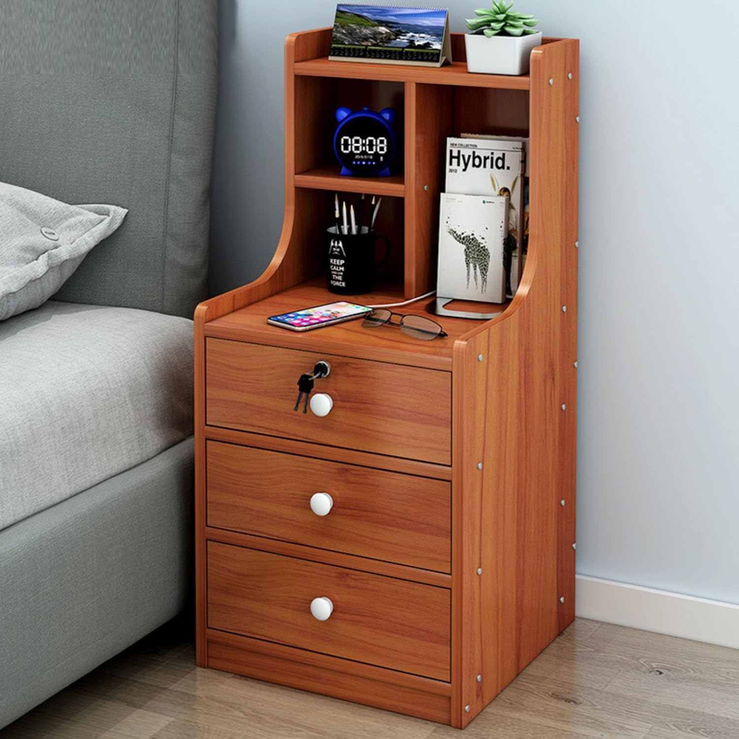 Picture of RK MDF M11 3 Drawer Exclusive Bed Side Table With Drawers Shan Teak, White and Beige Finish