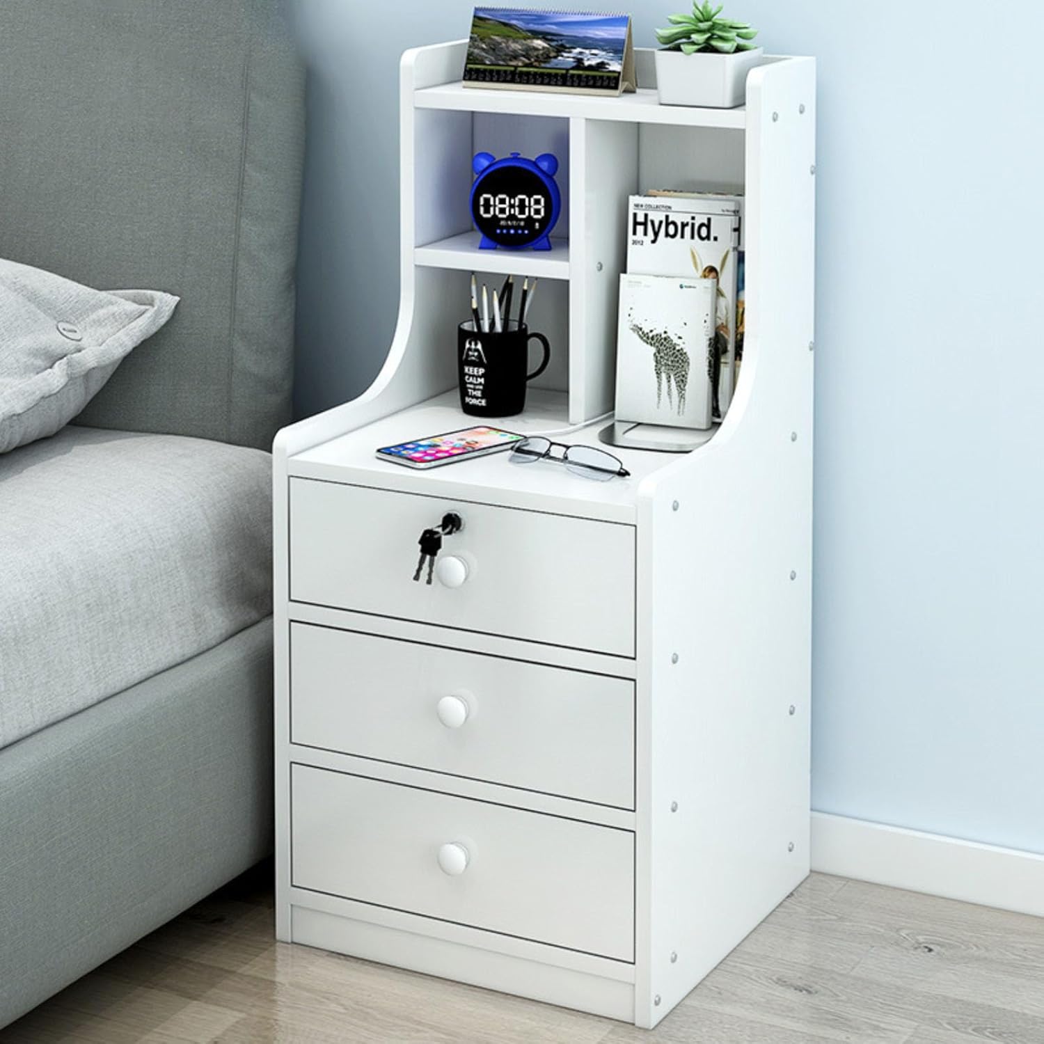 Picture of RK MDF M11 3 Drawer Exclusive Bed Side Table With Drawers Shan Teak, White and Beige Finish