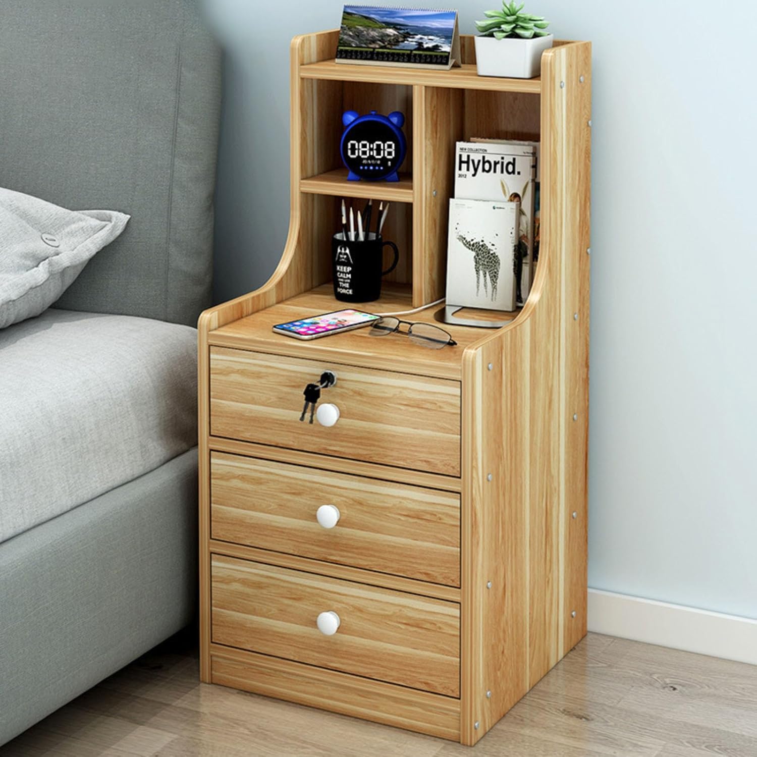 Picture of RK MDF M11 3 Drawer Exclusive Bed Side Table With Drawers Shan Teak, White and Beige Finish