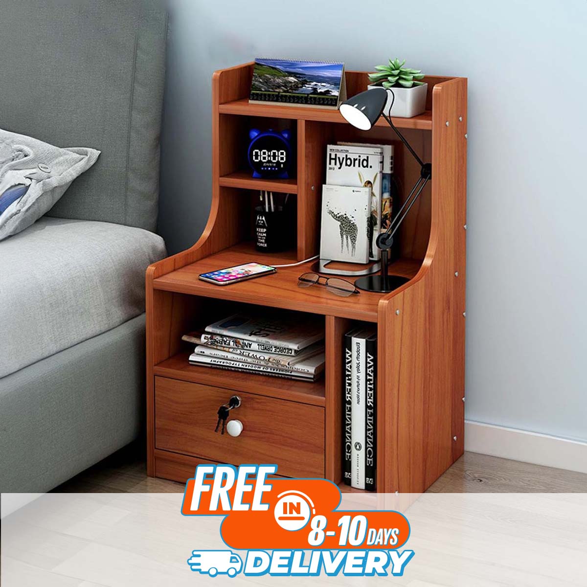 Picture of RK MDF M12 1 Drawer Exclusive Bed Side Table With Drawers Shan Teak, White and Beige Finish