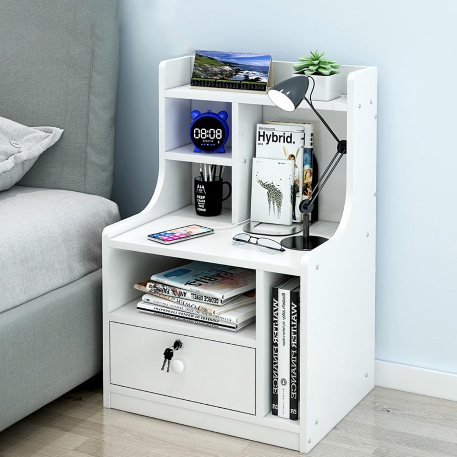 Picture of RK MDF M12 1 Drawer Exclusive Bed Side Table With Drawers Shan Teak, White and Beige Finish