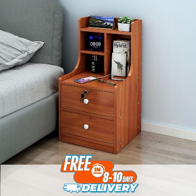 Picture of RK MDF M10 Exclusive Bed Side Table With Drawers Shanteak, White and Beige Finish