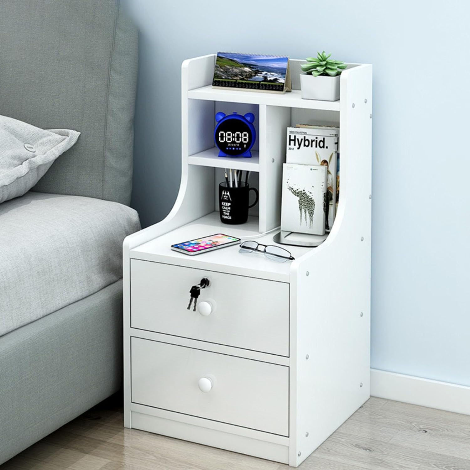 Picture of RK MDF M10 Exclusive Bed Side Table With Drawers Shanteak, White and Beige Finish