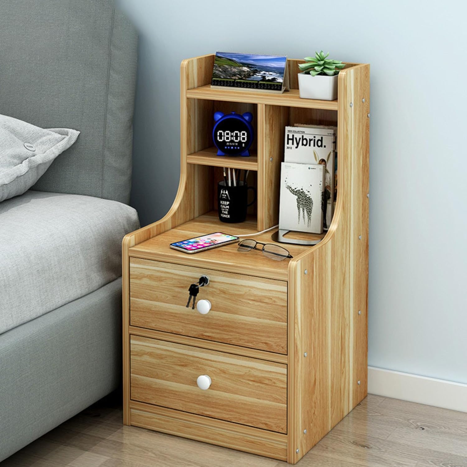 Picture of RK MDF M10 Exclusive Bed Side Table With Drawers Shanteak, White and Beige Finish