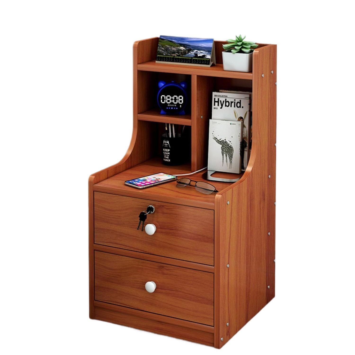 Picture of RK MDF M10 Exclusive Bed Side Table With Drawers Shanteak, White and Beige Finish