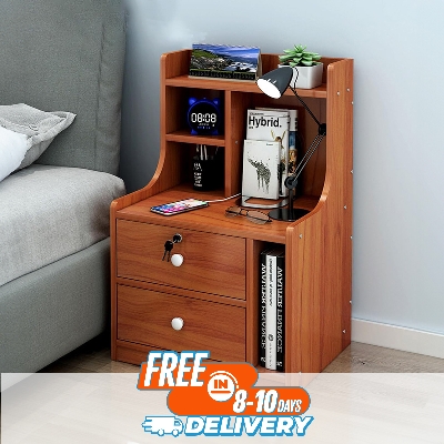 Picture of RK MDF M13 2 Drawers Exclusive Bed Side Table With Drawers Shan Teak, White and  Beige Finish