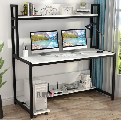 Picture of Home Office Desk with High Tower Shelf, Reversible Shelves Computer Table Workstation, No CPU Tray, Gaming & Study Drafting Table for Bedroom