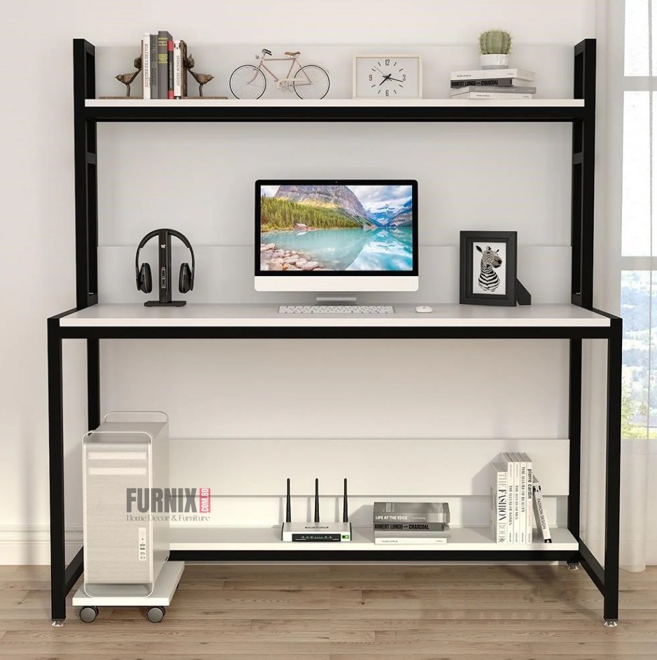 Picture of Home Office Desk with High Tower Shelf, Reversible Shelves Computer Table Workstation, No CPU Tray, Gaming & Study Drafting Table for Bedroom