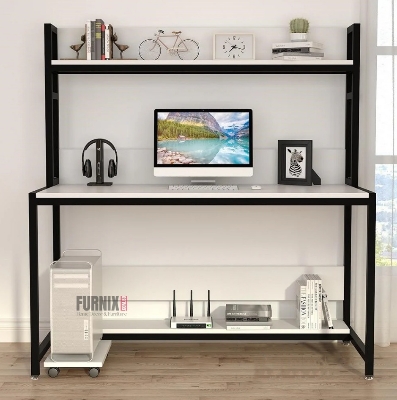 Picture of Home Office Desk with High Tower Shelf, Reversible Shelves Computer Table Workstation, No CPU Tray, Gaming & Study Drafting Table for Bedroom