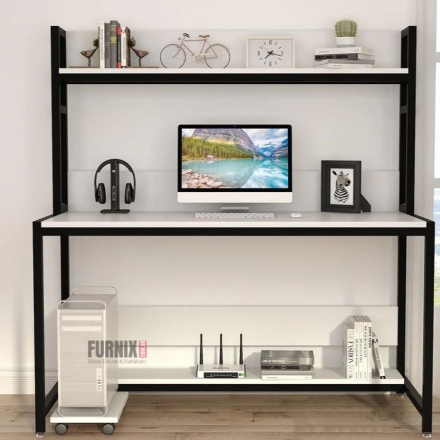 Picture of Home Office Desk with High Tower Shelf, Reversible Shelves Computer Table Workstation, No CPU Tray, Gaming & Study Drafting Table for Bedroom