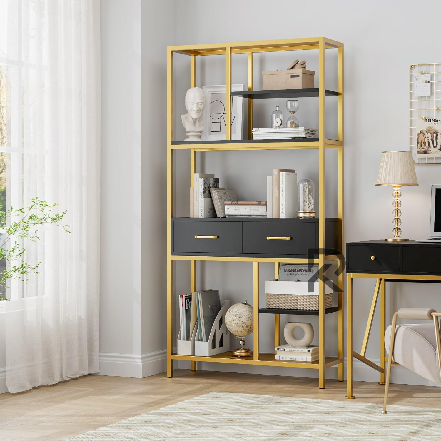 Picture of RK Modern 5 Tier Bookcase with Gold Color Metal Frame and Drawers, Wooden Bookcase for Home and Office (Black + Gold)