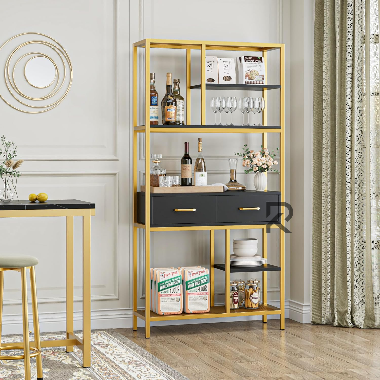 Picture of RK Modern 5 Tier Bookcase with Gold Color Metal Frame and Drawers, Wooden Bookcase for Home and Office (Black + Gold)
